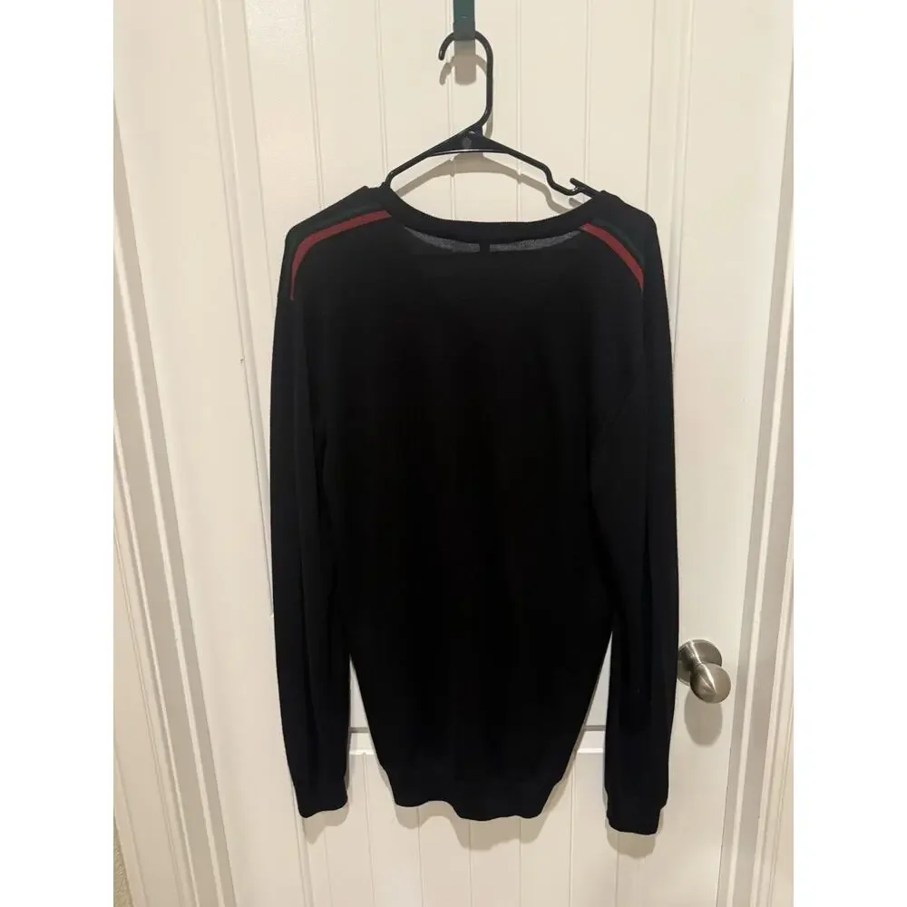Gucci Black V-Neck Sweater XL Web Stripe Shoulder Made in Italy